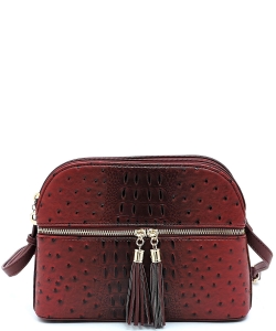 Ostrich Embossed Multi-Compartment Cross Body with Zip Tassel  OS050 BURGUNDY